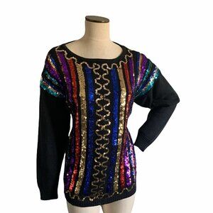 VTG 80s le Chois Gem-Tone-Sequin Pullover‎ Sweater Women's M Black #73D